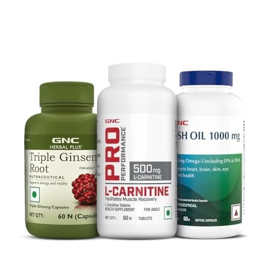 3-Combo Of GNC Herbal Plus Triple Ginseng Root (60 Capsules), Fish Body Oil (60 Softgels) & L-Carnitine (30 Tablets) | Improves Strength & Stamina | Boosts Focus | Uses Fat For Muscle Growth