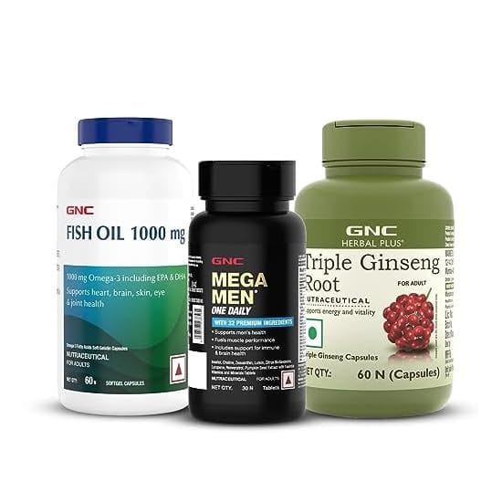 3-Combo Of GNC Mega Men One Daily Multivitamin (30 Tablets), Fish Body Oil (60 Softgels) & Herbal Plus Triple Ginseng Root (60 Capsules) | Daily Energy & Immunity | Better Focus | Strength & Stamina