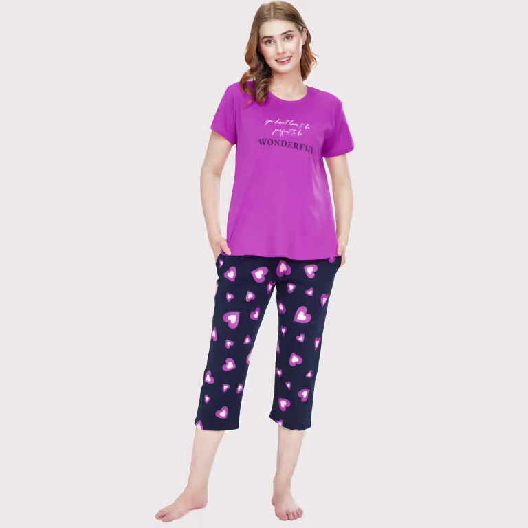 Zeyo Night Suit for Women Pink Heart Printed Cotton Night Dress of Top & Capri Set 5745-PK- S