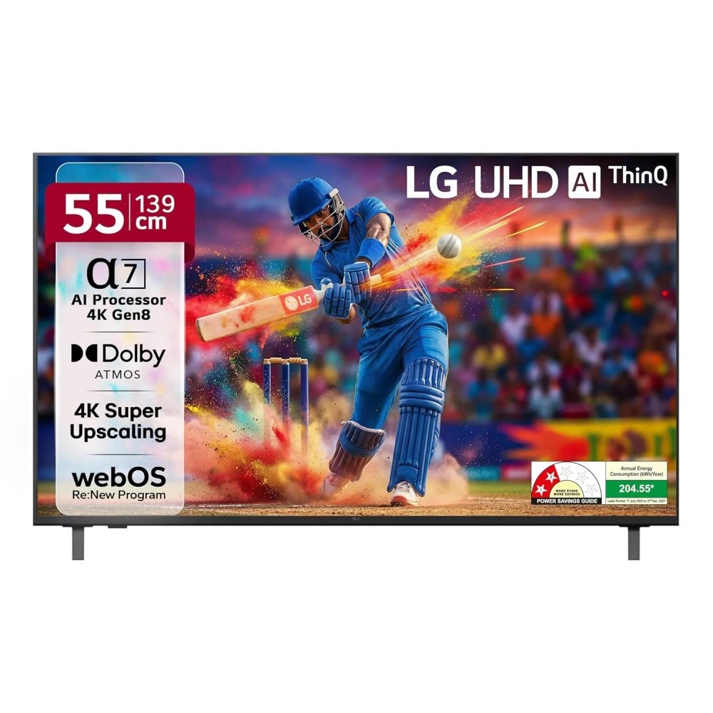 LG UA8200 Series 4K Ultra HD AI TV webOS 25, α7 AI Processor 4K Gen8, HDR10 / HLG, ALLM, HGIG, AI Chatbot, Google Cast, α7 AI Sound Pro, Dolby Atmos, 55UA82006LA