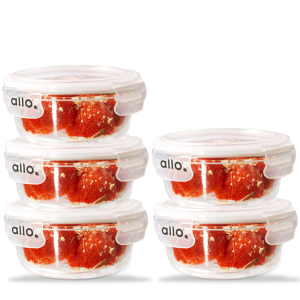 Allo Food Safe Borosilicate Glass Containers with Lids, 450°C Oven Microwave Safe Containers, Meal Prep Borosilicate Glass Food Storage Containers for Kitchen, 400ml x 2, Round