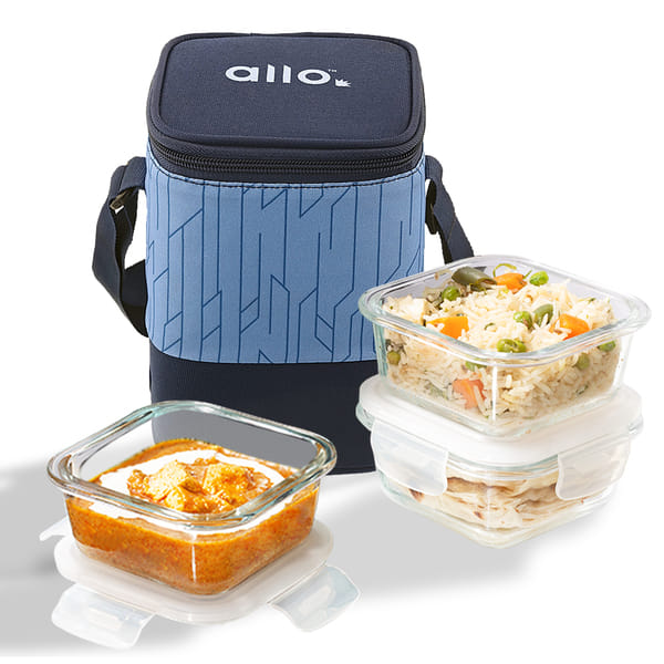Allo Food Safe Borosilicate Glass Lunch Box, 450C Microwave Safe Lunch Box, Borosilicate Borosilicate Glass Tiffin for Office with Space Blue Tiffin Bag, Set of 3, 320ml x 3, Square
