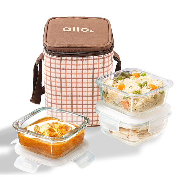 Allo Food Safe Borosilicate Glass Lunch Box, 450C Microwave Safe Lunch Box, Borosilicate Borosilicate Glass Tiffin for Office with Cocoa Brown Tiffin Bag, Set of 3, 320ml x 3, Square