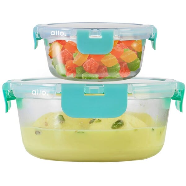 Allo Food Safe Glass Containers with Lids with Break Free Lock, 450°C Oven Microwave Safe Containers, High Borosilicate Meal Prep Glass Food Storage Containers for Kitchen, Set of 2, 390ml, 930ml, Round