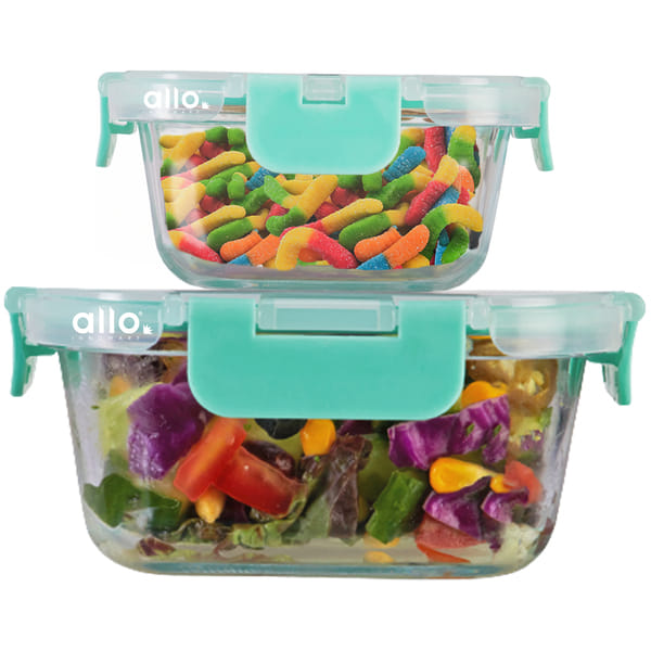 Allo Food Safe Glass Containers with Lids with Break Free Lock, 450°C Oven Microwave Safe Containers, High Borosilicate Meal Prep Glass Food Storage Containers for Kitchen, Set of 2 800ml, 310ml, Square.