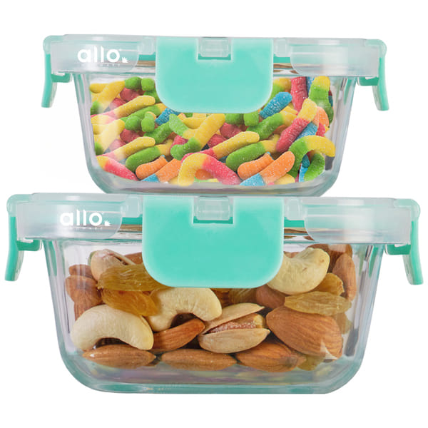 Allo Food Safe Glass Containers with Lids with Break Free Lock, 450°C Oven Microwave Safe Containers, High Borosilicate Meal Prep Glass Food Storage Containers for Kitchen, Set of 2 160ml, 520ml, Square.