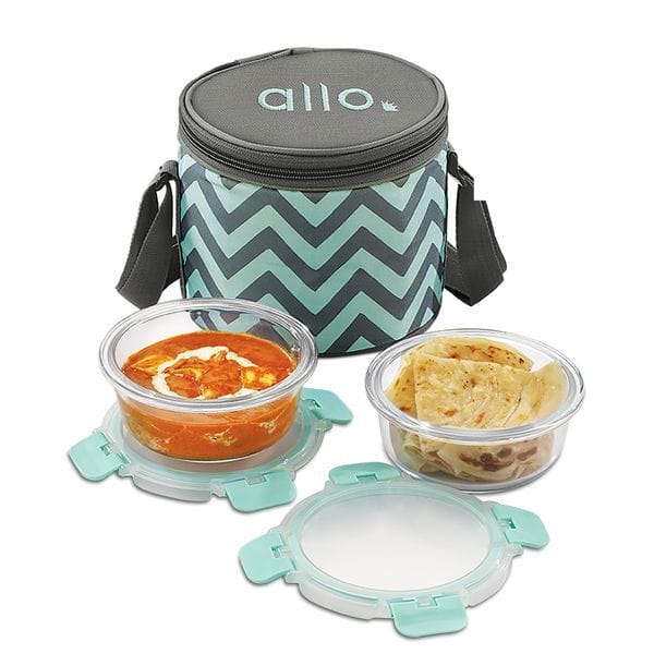 Allo FoodSafe 390ml x 2 Glass Lunch Box with Break Free Detachable Lock | 450C Oven Safe Microwave Safe High Borosilicate | Office Tiffin with Chevron Mint Bag | Set of 2 Round