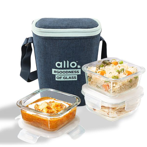 Allo Innoware Allo Food Safe Borosilicate Glass Lunch Box, 450C Microwave Safe Lunch Box, Borosilicate Borosilicate Glass Tiffin for Office with Denim Tiffin Bag, Set of 3, 320ml x 3, Square