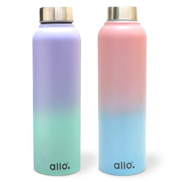 Allo Stainless Steel Water Bottle For Adults, Kids 1 Litre For School, Office, Sports, Gym 1L For Men And Women, Pack Of 2 | Leak Proof & Bpa Free, Black Diamond Steel Cap Lavender And Baby Blue