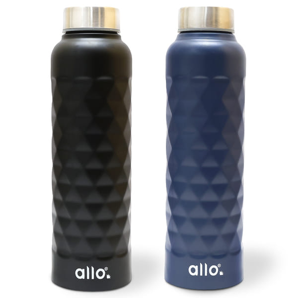 Allo Stainless Steel Water Bottle For Adults, Kids 1 Litre For School, Office, Sports, Gym 1L For Men And Women, Pack Of 2 | Leak Proof & Bpa Free, Black Diamond Steel Cap Royal Blue & Black