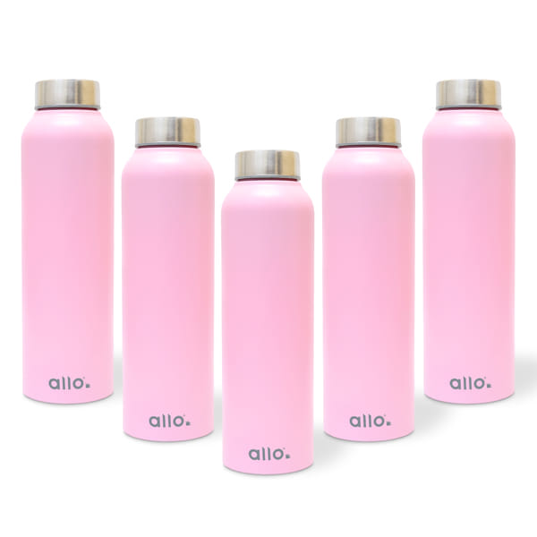 Allo Stainless Steel Water Bottle For Adults, Kids 1 Litre For School, Office, Sports, Gym 1L For Men And Women, Pack Of 5 | Leak Proof & Bpa Free, Black Diamond Steel Cap Pink