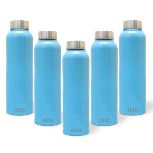 Allo Stainless Steel Water Bottle For Adults, Kids 1 Litre For School, Office, Sports, Gym 1L For Men And Women, Pack Of 5 | Leak Proof & Bpa Free, Black Diamond Steel Cap True Blue