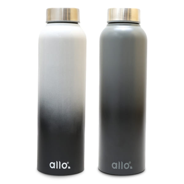 Allo Stainless Steel Water Bottle For Adults, Kids 1 Litre Water Bottles For School, Office, Sports, Gym 1L Water Bottle For Men And Women, Pack Of 2| Leak Proof, Bpa Free, Dark Grey & White Black