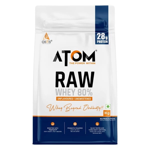 AS-IT-IS ATOM Raw Whey Protein 1kg with Enzymes | 28.3g Protein | 6.4g BCAA (Unflavoured)