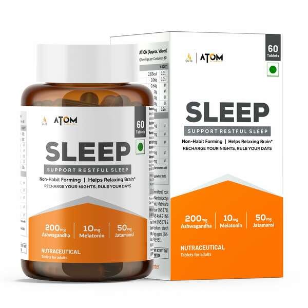 AS-IT-IS ATOM Sleep I Non-Addictive Sleep-Aid,60 Veg Tablet Supports Focus, Good Mood , Stress Relief I Melatonin 10mg, Ashwagandha 200mg, Jatamansi, Chamomile Ext. & Tagar