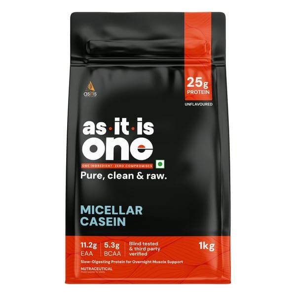 AS-IT-IS One Micellar Casein – Slow Releasing Protein, Unflavoured & Unsweetened 1kg, Supports Muscle Repair & Growth, Ideal for Nighttime Recovery