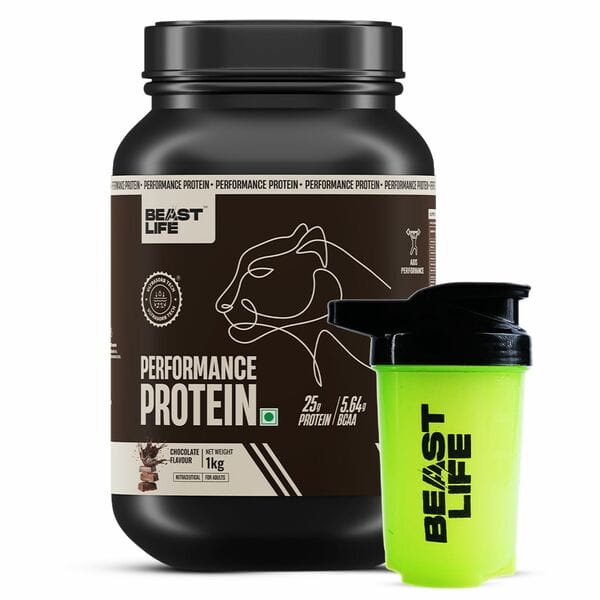 BeastLife Performance Protein Powder with Shaker | Muscle Growth- 25g Protein, 5.64g BCAA Whey Protein (1 kg, 500 ml, Chocolate)