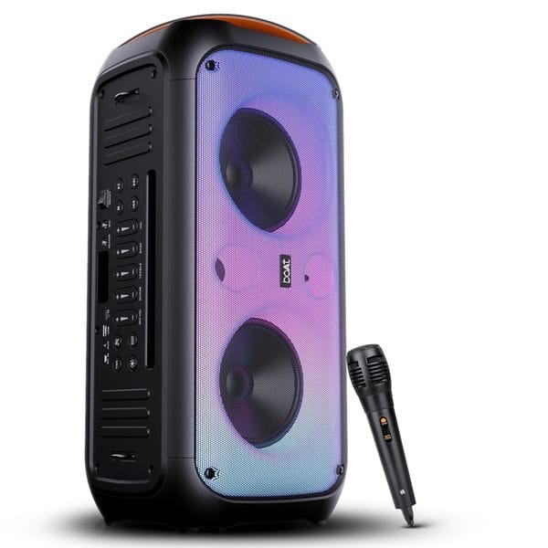 boAt Partypal 300/320 Speaker with 120 W Signature Sound, Karaoke with Built-in Mic, Up to 6 hrs Playtime, TWS Mode, Bluetooth v5.3, AUX Port, & USB Type-C Port (Premium Black)