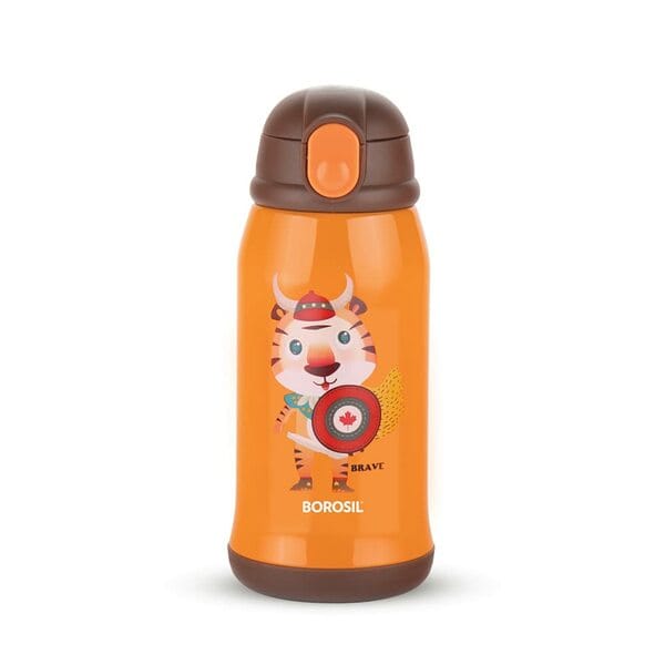 Borosil Tigry 500ml Stainless Steel Kids Sipper Water Bottle | Double Wall Insulated Flask | 12 Hrs Hot & Cold | Leakproof & BPA-Free | Durable & Safe for Kids | 1-Year Warranty (Orange)