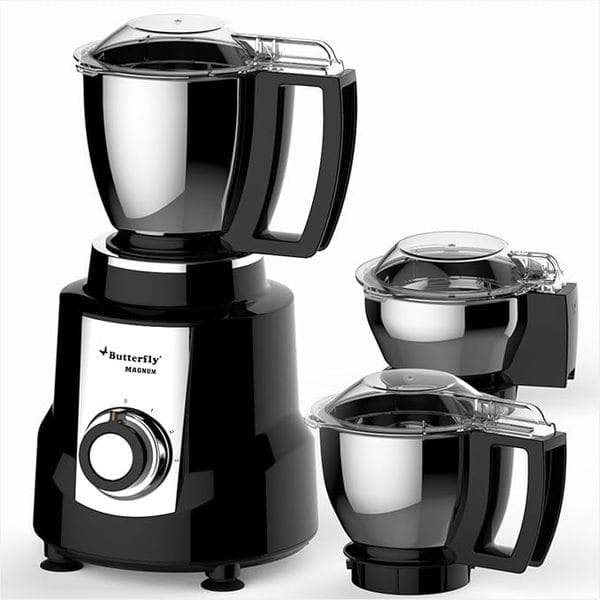 Butterfly Magnum 1.2 HP Mixer Grinder 3 Jar | 100% Copper Motor | 3 Stainless Steel Multipurpose Jars | ABS Body | Handsfree Operation | Lifetime Motor Warranty| Black