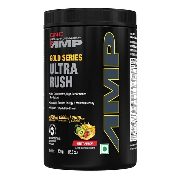 GNC AMP Gold Series Ultra Rush | Maximum Energy & Stamina | Deep Mental Focus | Powerful Muscle Pump | USA Formulated | 4.5g Beta-Alanine | 1.5g L-Citrulline | 2.5g L-Arginine | Fruit Punch | 450 gm