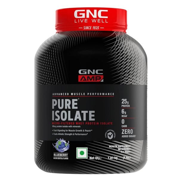 GNC AMP Pure Isolate Zero Carb | Boosts Athletic Performance | Builds Lean Muscles | Speeds Up Recovery | Increases Strength | USA Formulated | 25g Protein | 6g BCAA | Blueberry | 4 lbs