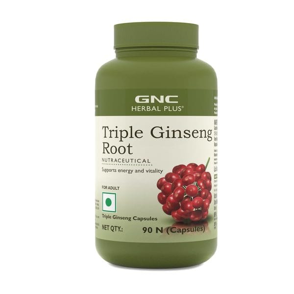 GNC Herbal Plus Triple Ginseng Root with Korean, American & Siberian Ginseng | Enhances Immunity | Boosts Strength & Stamina | Improves Alertness & Concentration | Formulated in USA | 90 Capsules