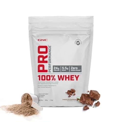 GNC Pro Performance 100% Whey Protein Powder | Boosts Strength & Endurance | Builds Lean Muscles | Fastens Muscle Recovery | Formulated In USA | 24g Protein | 5.5g BCAA | Chocolate Supreme | 450 Gms