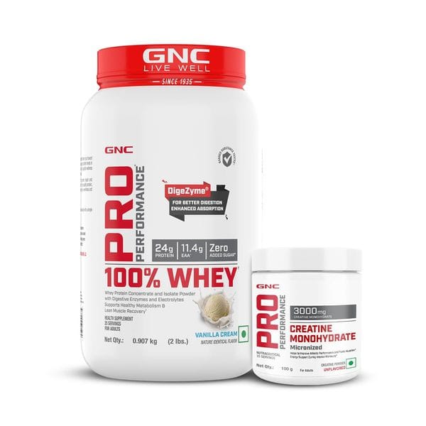 GNC Pro Performance 100% Whey Vanilla Cream + Creatine Monohydrate Combo – Builds Lean Muscles | Promotes Faster Recovery | Boosts Athletic Performance | Hydrates Muscle Cells | 2lbs / 100gm Combo