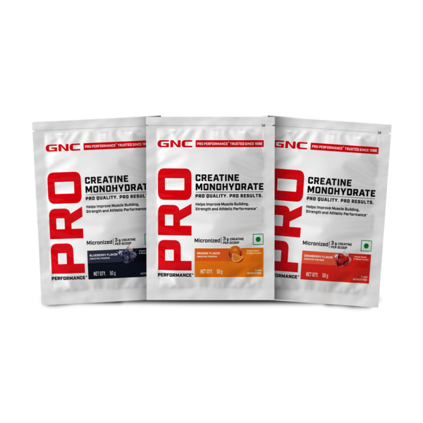 GNC Pro Performance Creatine Monohydrate – Pack of 3 (Orange, Blueberry & Creanberry)