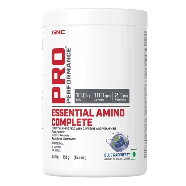 GNC Pro Performance Essential Amino Complete | Fuels Muscle Growth | Beats Fatigue | Prevents Muscle Cramps | Formulated In USA | 10g EAA | 100mg Caffeine | 2mg Vitamin B6 | Blue Raspberry | 450 gm