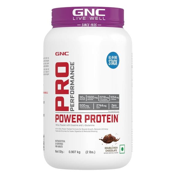 GNC Pro Performance Power Protein | Boosts Athletic Performance & Testosterone | High-Speed Recovery | USA Formulated | 30g Protein | 2.2g L-Glutamine | 1.5g Creatine | Double Rich Chocolate | 2 lbs