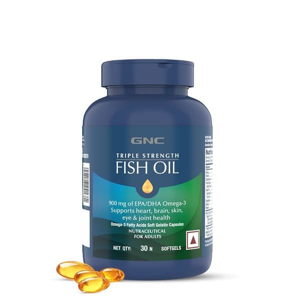 GNC Triple Strength Fish Oil Omega 3 Capsules for Men & Women | 900mg EPA & DHA | Improves Memory | Protects Vision | No Fishy Aftertaste | Supports Family Health | USA Formulated | 30 Softgels