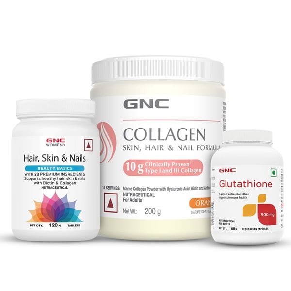 GNC Youthful Radiance Trio | Marine Collagen Powder (Orange 200 gm) | Women’s Hair, Skin, and Nails (120 Tablets) + Glutathione (60 Capsules) | Reduces Fine Lines & Wrinkles | Reduces Pigmentation
