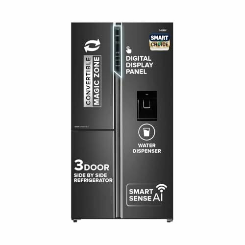 Haier SmartChoice 592L 3Star 3-Door Water Dispenser Side by Side Frost Free Refrigerator|Convertible|Smart Sense AI|Inverter|Digital Display Panel (2025 Model, HRT-683WGKU1, Graphite Black)