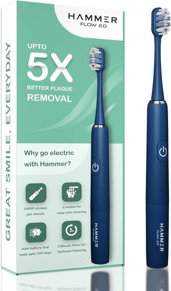 Hammer Flow 2.0 Electric Toothbrush and 2 Replaceable Brush Heads for Men and Women, 2 Brushing Modes, Rechargeable Battery, Waterproof, Super Soft Bristles, Electric Brush