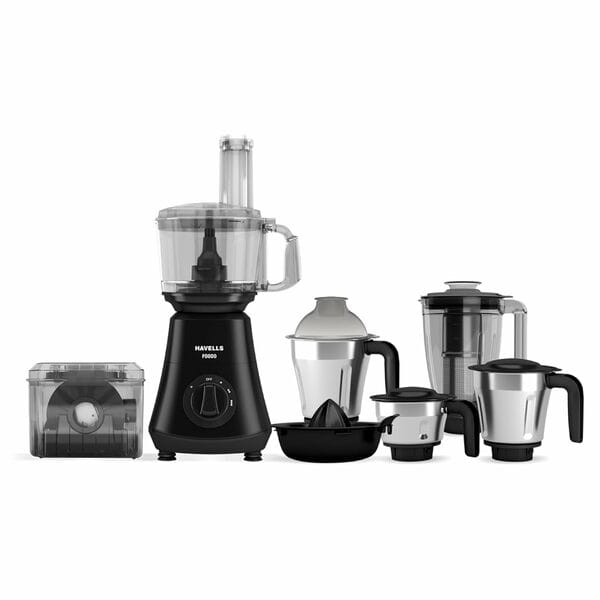Havells Foodo 750W Mixer Grinder with 5 Jars | Food Processor Jar | 14-in-1 Functionality | Rust-Resistant 304 SS Blades | 5-Year Motor Warranty | Black