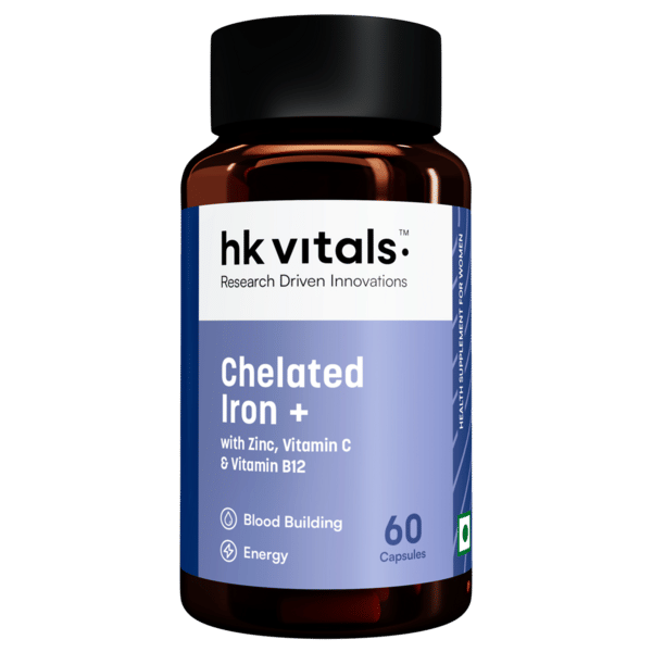 hk vitals Chelated Iron + Supplement (60 Capsules) | With Zinc, Vitamin C & Vitamin B12, Supports Blood Building | Immunity and Energy
