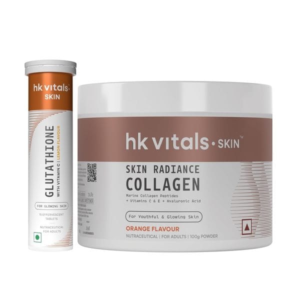 hk vitals Glutathione (Lemon, 15 Effervescent Tablets) with Skin Radiance Collagen Supplement with Biotin, Orange, 100 g | L-Glutathione Tablets with Vitamin C & E | For Skin Glow & Hydration