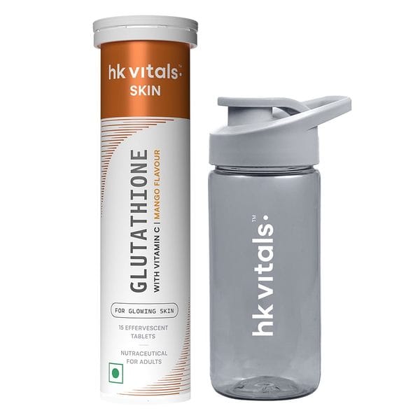 hk vitals Glutathione (Mango, 15 Effervescent Tablets) | L-Glutathione Tablets with Vitamin C & E | For Skin Glow & Hydration with Sipper