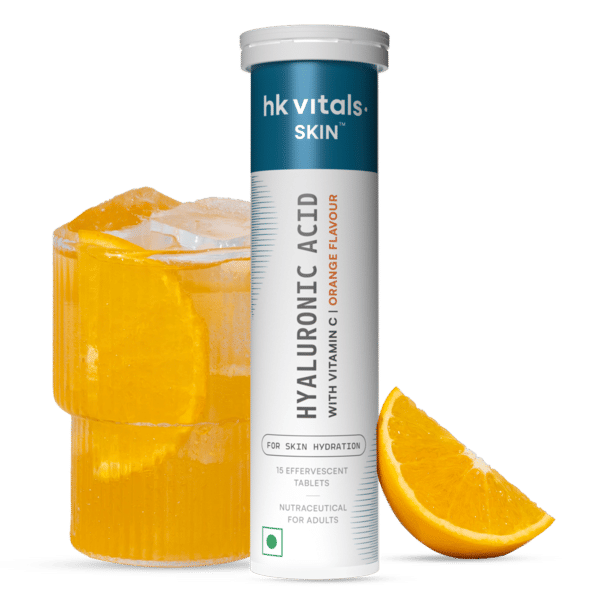 hk vitals Hyaluronic Acid (Orange, 15 Effervescent Tablets) | 500mg Hyaluronic Acid with 65mg Vitamin C | Supports Skin Hydration, Glow & Collagen Synthesis