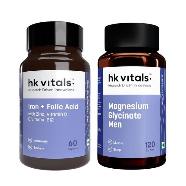 hk vitals Magnesium Glycinate (1682mg) 120 Tablets | For Better Sleep Quality & Muscle Recovery with Iron + Folic Acid Supplement (60 Capsules)
