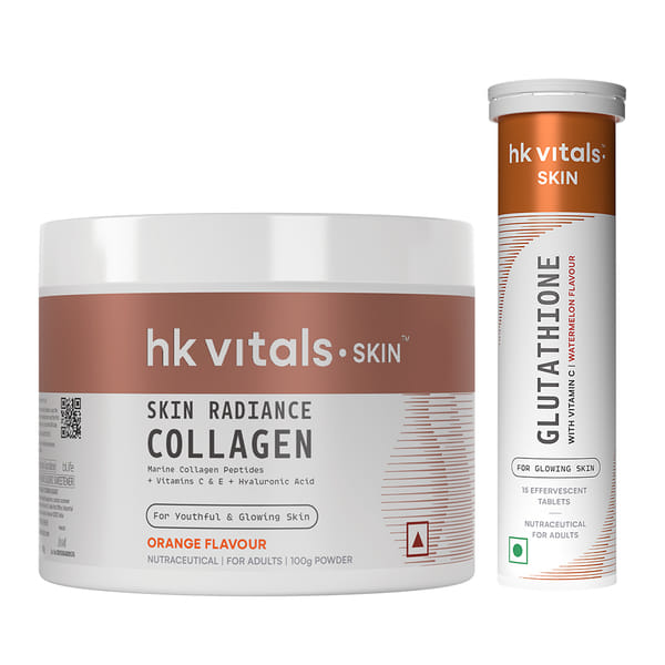 hk vitals Marine Collagen Supplements (Orange, 100g) & Glutathione Effervescent (Watermelon, 15 Tablets) | Combo Pack