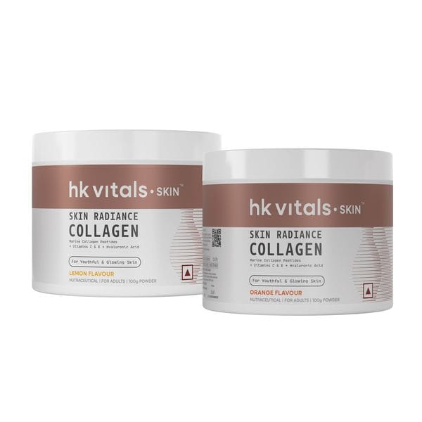 hk vitals Skin Radiance Marine Collagen Supplement (Lemon, 100g) with Skin Radiance Collagen Supplement with Biotin, Orange, 100 g | Vitamin C, E, Sodium Hyaluronate | For Healthy Skin, Hair & Nails