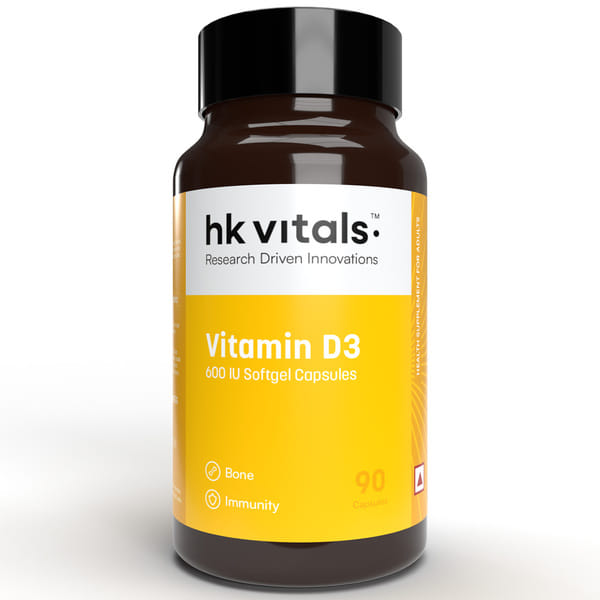 hk vitals Vitamin D3 (600 IU) (90 Capsules) | With Sunflower Oil, Promotes Calcium Absorption | Bone Health, Muscle Strength & Immunity