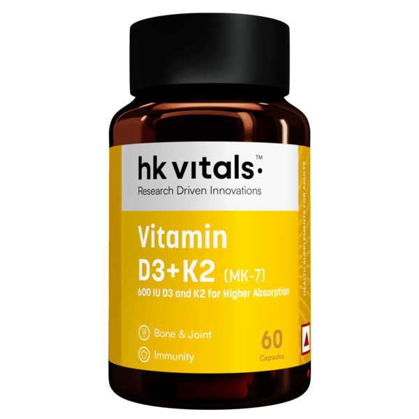 hk vitals Vitamin D3 + K2 (MK-7) (600 IU) D3 and K2 for Higher Absorption (60 Capsules) | Bone & Joints | Immunity