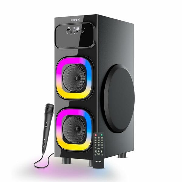 Intex 80W Powerful Dynamic Bass Tower Speaker with Wired Mic | RGB Lights | LED Display & Bluetooth v5.2 | Fully Remote Control (Black, 8″ Woofer Size)