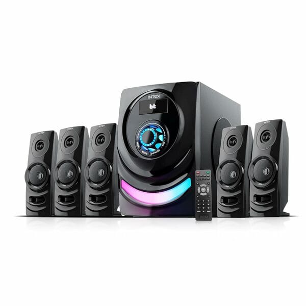 Intex Roar 1000 5.1 Channel Multimedia Speaker with Bluetooth, AUX, USB, FM, RGB Lights, 100W Output, Remote Control, Recording Feature, Home Theater System – Black