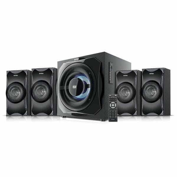 Intex Roar 1300 (Bomb) 4.1 Channel Multimedia Speaker System with 130W Peak Power, Remote Control, LED Display, Recording Feature, Powerful Bass – Black
