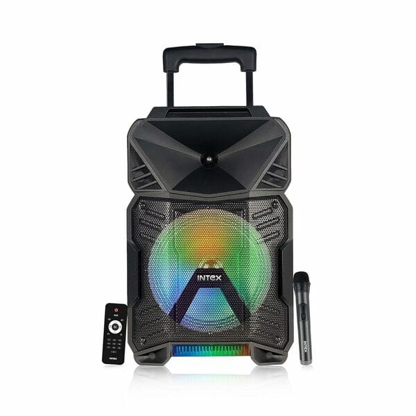 Intex Thriller 450 Bluetooth Trolley Speaker | 45W Powerful Sound with Wireless Karaoke Mic | LED Display | TWS Function & Remote | Deep Bass Party Speaker (Black)